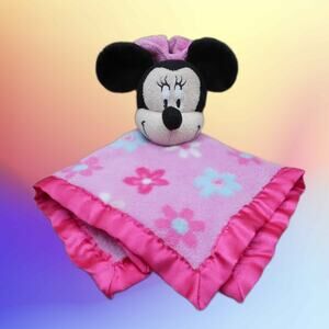 Disney Baby Minnie Mouse Security Blanket Lovey Plush Pink Flowers Satin Trim